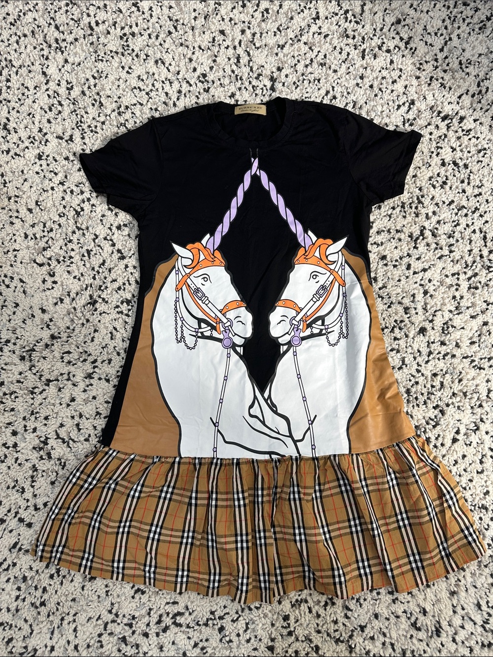 Black Horse Graphic Dress with‎ Tan Plaid Ruffle size Small